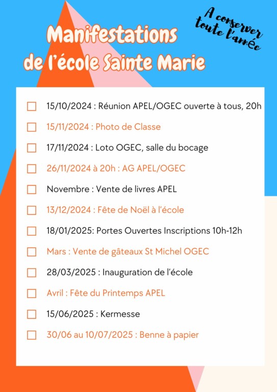 Calendrier des manifestations OGEC et APEL